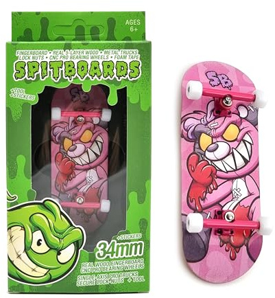 SPITBOARDS Set Completo Fingerboard 34 mm x 96 mm | Deck in Legno Vero | Trucks Pro con Lock-Nuts e Bushings | Ruote in Poliuretano con Cuscinetti | Teddy Rosa