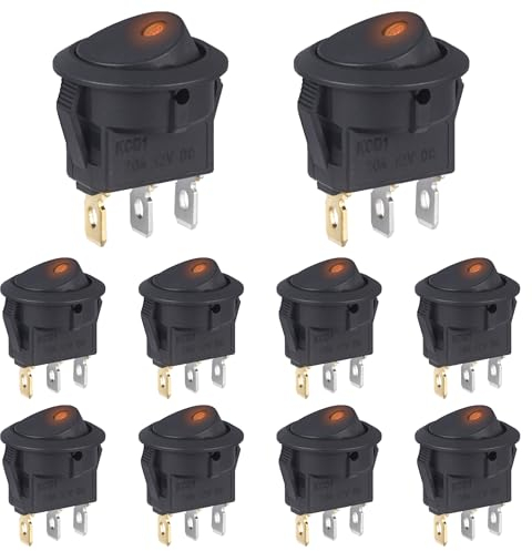 VEXUNGA Kippschalter 12V DC 20A Schalter Wippschalter 3 Polig Beleuchtet Rund Ein/Aus mit LED Gelb 12Volt 2 Position KFZ Einbauschalter Selbsthemmung Quadratisch Runde für Auto Boot (10 Stück)