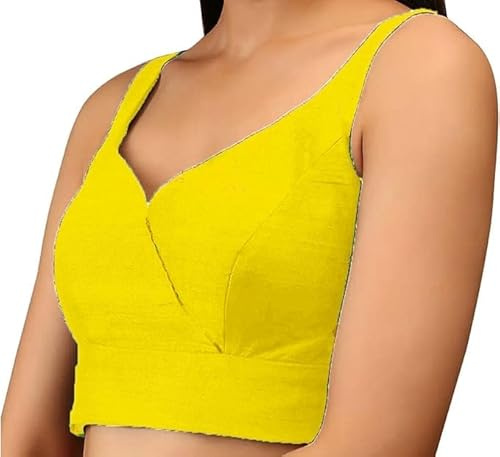 Fashnkart Women's Stitched Saree Blouse Indian Women Dupion Silk Top Readymade Bollywood Sari Choli V-Neck Line, Sleeveless, Side Open with Zipper Yellow
