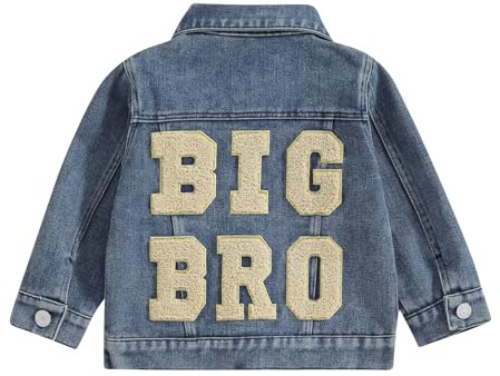 MAHUAOYIXI Toddler Boys Girls Denim Jacket Letter Embroidery Long Sleeve Button Jean Cardigan Coat for Infant Baby Matching Brother and Sister Outfits Spring Fall Outwear