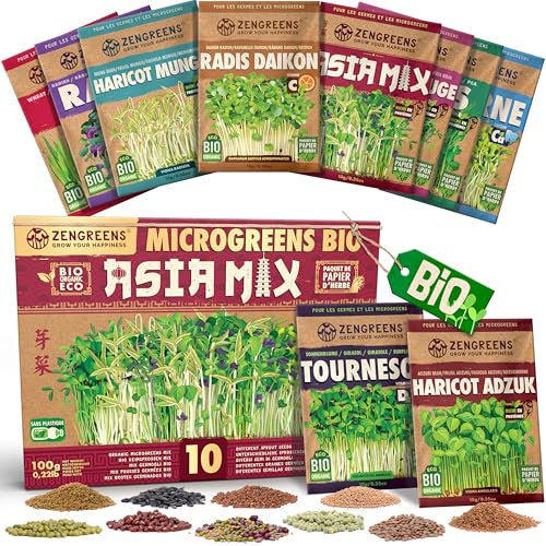 ZenGreens® - Graines germées bio en Kit de Asia-Mix - Graines germées - 10 variétés de graines germées asiatiques - culture facile en pot ou en terrine - Micrgreens Samen Mix - Lot de 10