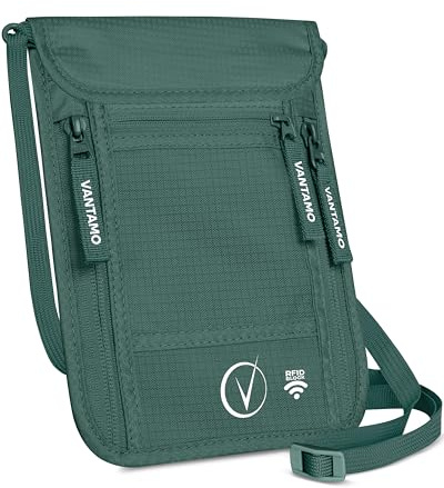 Vantamo Porte-passeport mince pour voyage, portefeuille de cou protégé RFID pour les hommes et les femmes en déplacement, convient pour téléphone, documents et cartes, Vert (Ocean)