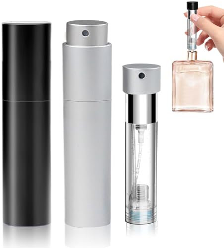FYY Travel Perfume Atomiser Refillable - 2PCS 5ml Mini Refillable Perfume Spray Bottle, Leaking Proof, Bottom Pump without Funnel Luxurious Perfume Bottle Black+Silver