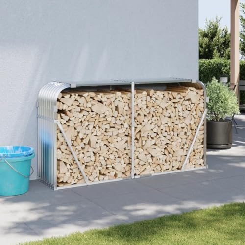 IKAYAA Estante de Leña con Cubierta 180 x 45 x 100 cm Estante para Leña Exterior Estante de Leña de Acero Estante para Leña Estante de Registro de Chimenea Plateado
