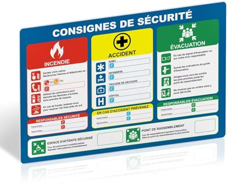 Panneau des consignes de sécurité - 300 x 200mm Plastique PVC rigide - Surface effaçable et réinscriptible - Autocollant pour installation facile