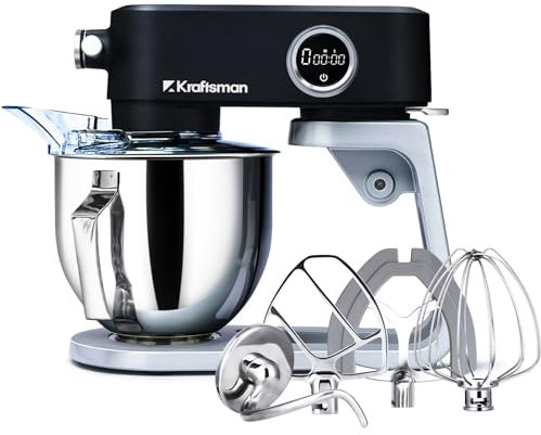 Kraftsman Robot Pâtissier, 5 L Robot de Cuisine Tout en Métal avec Port d’Alimentation Universel et Fonction Minuterie, Pétrin Professionnel à 8 Vitesses avec Batteur, Crochet, Fouet (Noir)