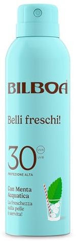 Bilboa Belli Freschi Protezione Solare SPF 30+,con Menta Acquatica, La Freschezza sulla Pelle è Servita, Resistente all'Acqua, Dermatologicamente Testata, 150 ml