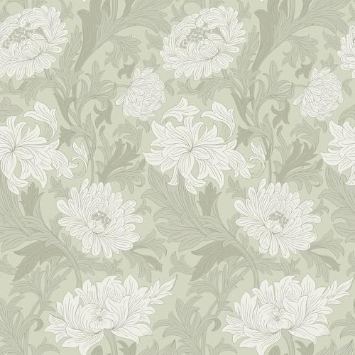 VEELIKE Tapet blommor grön vit anemon blomma tapet boho självhäftande tapet sovrum badrum 44,5 cm x 300 cm vintage fototapet blommor konst nouveau mönster tapet vardagsrum avtagbar