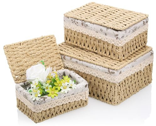 3pcs Woven Storage Baskets with Lids, Decorative Storage Boxes, Space-Saving Wicker Basket for Shelves, Paper Rope Basket Bedroom Storage Solutions, Reusable Hamper Baskets with Removable Lining