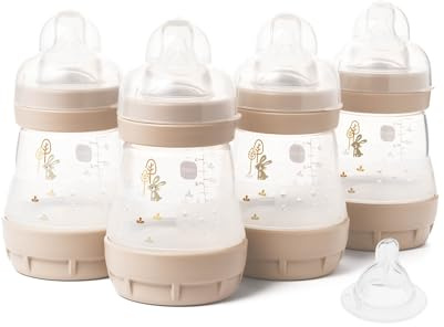 MAM Easy Start Anti-Colic Baby Bottles | 4 Pack (4X 160ml) | Self-Sterilising Baby Milk Bottle | Slow Flow MAM Teats Size 1 + 1x Medium Flow Teat Size 2 | Linen (Various Designs)