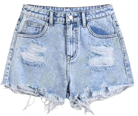 Girls Ripped Jean Shorts Button Elasticated Waist Wide Leg Denim Shorts Casual Fashion Loose Straight Leg Short Jeans with Pockets for Girls Teenagers 12-16 Years Summer Beach Holiday Blue