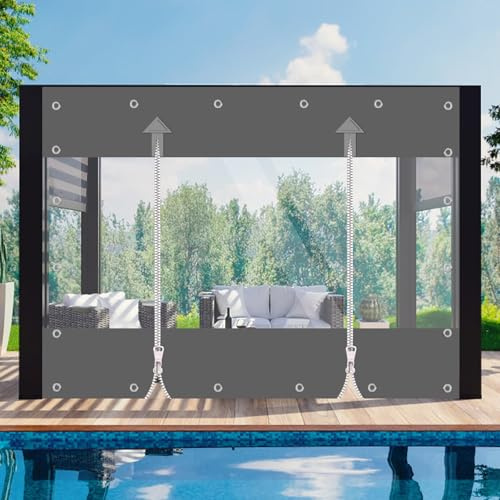 Transparent presenning, 650 g/m² PVC-presenning, utomhusgardin med dragkedja, vattentät presenning, vindskydd och regnskydd för paviljong, balkonger, terrasser (grå, höjd 2,4 m x bredd 3 m)