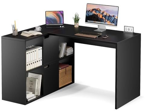 Sweetcrispy L-Form Schreibtisch mit Regal & Schrank, 120x100x75cm Eckschreibtisch, Starker Gaming Tisch mit Ablageflächen, Einfacher Montage, Schwarz