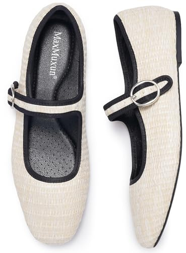 MaxMuxun Women's Mary Jane Flats Square Toe Comfortable Shoes,Breathable Woven Flats for Women
