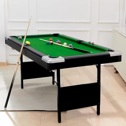 7FT Foldable Pool Table for Adults, Full Size Portable Billiards Table with Accessories, Includes Balls, 2 Cues, Chalk, Brush, Indoor Outdoor Use, Blue Felt Top