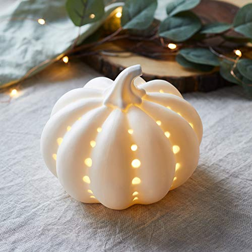 Lights4fun Calabaza Decorativa de Cerámica Blanca con LED Blanco Cálido a Pilas