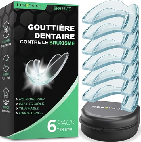 HONEYBULL Gouttières de nuit, thermoformables, lot de 6 fines | Ajustement thermoformable, matériau sans BPA, confort nocturne, étui de rangement inclus