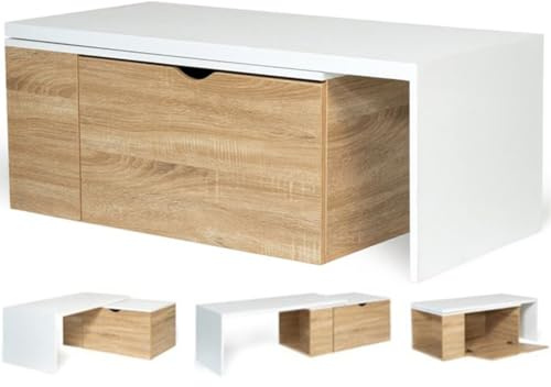IDMarket - Mesa de centro giratoria de madera y blanco 360° Lizzi extensible con baúl