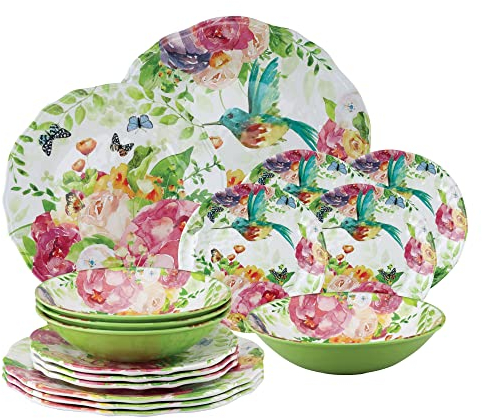 UP ware Rose Garden - Juego de vajilla de melamina de 16 piezas, juego de platos para exteriores, juegos de platos y cuencos, servicio para 4, multicolor