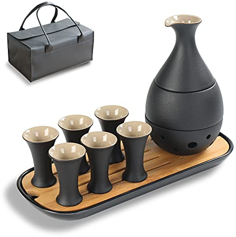 TEANAGOO Set da Sake Tradizionale Giapponese, Caraffa da Sake (170 ML) con 6 Tazze da Sake (25 ML) per Liquore Soju Giapponese Caldo o Freddo con Set di Vassoi Bambo da Portata 10 pz/set