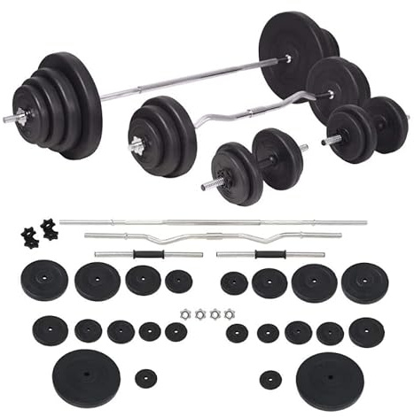 Fitness Tech, Juego Completo de Pesas con Barra Olímpica y Mancuernas, Set de 60 kg para Entrenamiento Completo en Casa y Gimnasio, Pack de Alta Resistencia, 60 kg