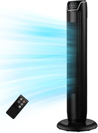 Midea FZ10-17JR Turmventilator mit Fernbedienung Timer 7 Stunden, 3 Modi, 3 Geschwindigkeiten, 45 W, 92 cm, Schwarz