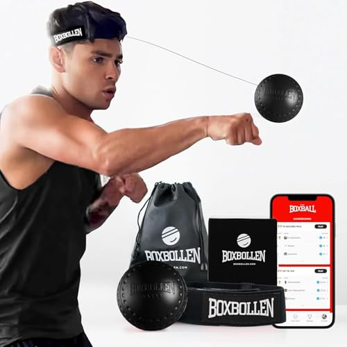 BoxbollenÂź Boxing Reflex Ball - Celebrity-Endorsed Home Workout Game - App-Connected Punch Counter - Hand Eye Coordination Training Ball - Christmas Gift for Boxers, All Ages - Stocking Stuffer Black
