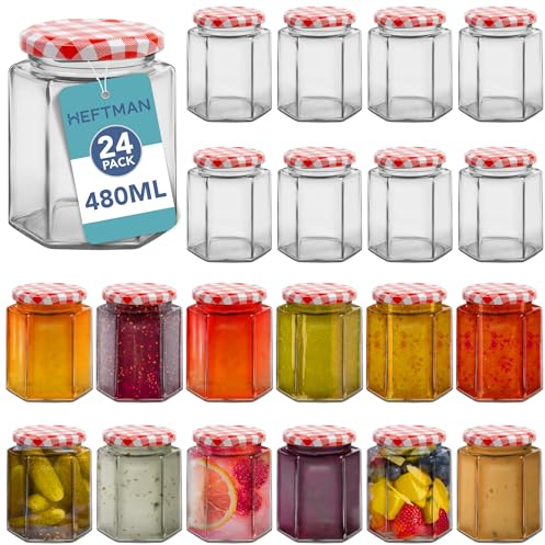 HEFTMAN Small Glass Jars with Lids - 24 Pack Airtight 480ml Jam Jars with Red Gingham Lids for Use as Pickling Jars, Glass Jars for Candle Making, Preserving Jars - Hexagonal Small Jars (Empty)