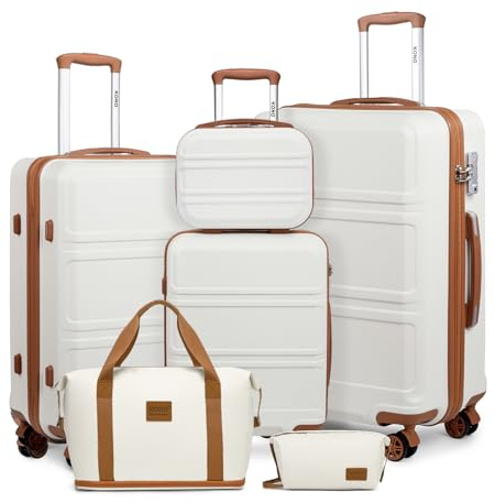 Kono Set de 6 Valises de Voyage Rigide (55/65/74cm) à 4 roulettes, avec Vanity Case, Sac de Voyage Pliable pour Le Sport et Trousse de Maquillage, Blanc Crème