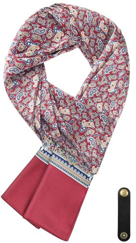 WANYING Herrenschal aus Kunstseiden Ascot Krawattenschal Multifunktion Halstuch Langer Schal mit Leder Loop Mehrere Tragemöglichkeiten 16 * 149 cm - Druckmuster Bordeaux Paisley