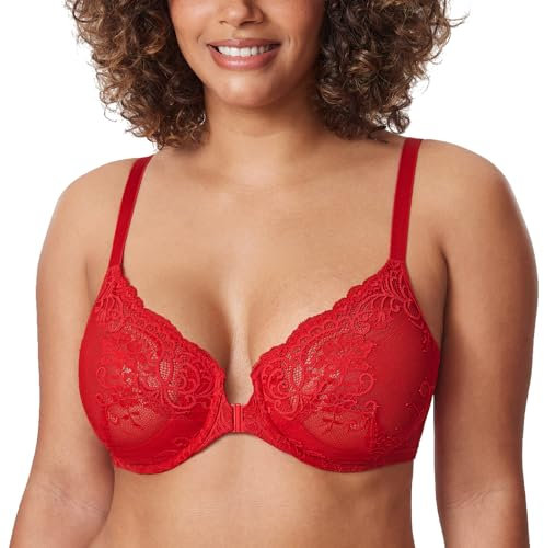 Delimira Women's Front Fastening Bras Lace Unlined Full Coverage Plus Size Sheer Plunge Underwire Bra Lipstick Red 38DD