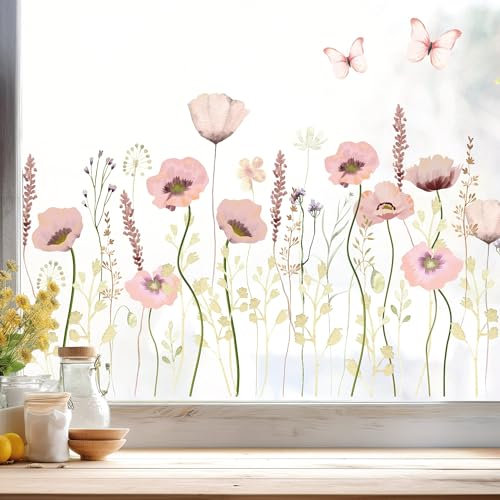 Wandtattoo Loft Fensterbild Mohnblumenwiese rosa wiederverwendbar pastell Blumenwiese mit Schmetterlingen Fensterdekoration, 1. A4 Bogen, WV13280-100