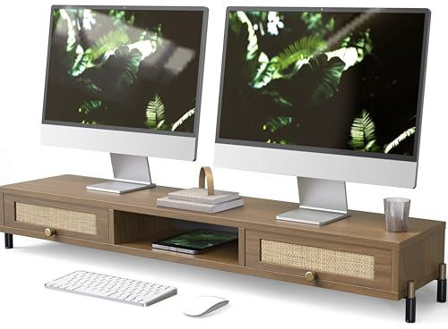 Fenge Dual Support d’Écran Avec Porte en Rotin Grand Moniteur Stand, Pour 2 Moniteurs, TV, Ordinateur, Ordinateur Portable, Imprimante, Ipad, Chaîne Stéréo (113×23,5×15,2) cm, Charge de 45kg