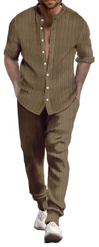 Junger Herrenanzug Slim Fit Herren Sommer Atmungsaktiv Zwei gerollte Ärmel Hemd Hose Set Herren Sportbekleidung Herren Zweiteilige Sportbekleidung, coffee, L