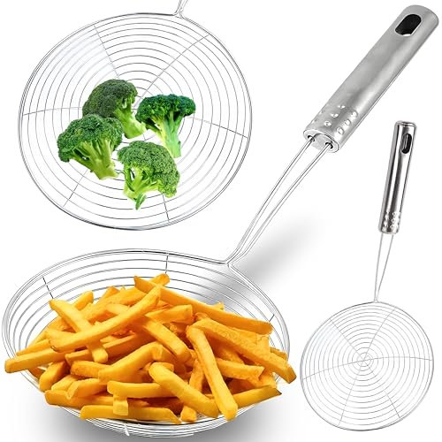 Retoo Cucchiaio di schiuma, in acciaio inox, con manico lungo e foro per appendere, cazzuola per cottura calda, diametro 14,5 cm, argento