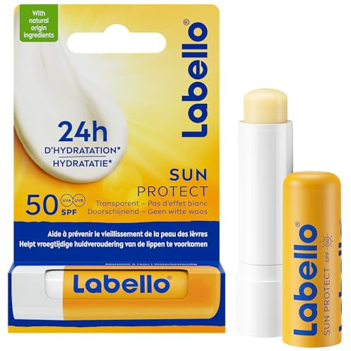 LABELLO Sun ProtectProtection Solaire FPS 50 (1 x 5,5 ml), stick lèvres protection UVA/UVB & hydratation 24 h, baume à lèvres au beurre de karité et huiles naturelles enrichies en vitamines C & E