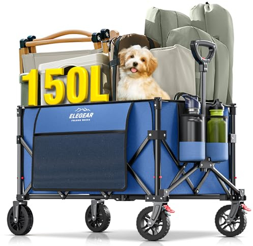 Elegear Bollerwagen Faltbar, 150L Beach Wagen 150KG Belastbar, 2xGetränkehalter 2xSeitentasche, 0,05m³ Faltgröße Transportwagen klappbar, PVC Reifen mit Bremsen, Handwagen Gartenwagen Strand Camping