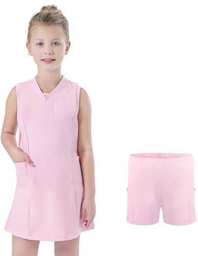 Bezioner Girls Tennis Dress with Shorts Pockets A-Line Golf Outfits Zipper Workout Athletic Dresses Sleeveless Active Dress