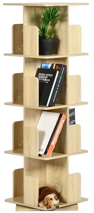 GOKHOMX Bibliothèque Rotative à 4 Niveaux, Bibliothèque Tournante Étagère de Livre de Rangement Rotative à 360 degrés Bibliotheque Pivotante Bois pour Salon Bureau, 39x39x128 cm, Grain de chêne
