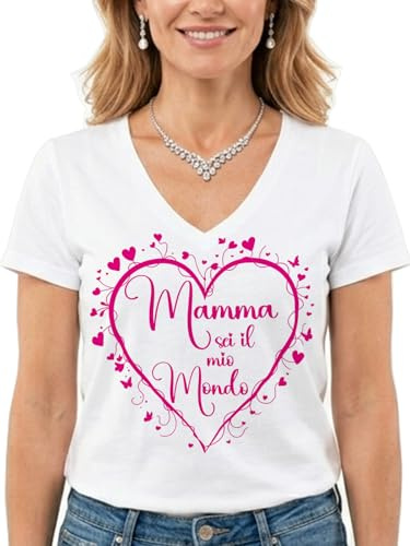 Gigio Store T-Shirt Donna Festa della Mamma, Regalo di Compleanno e per Ogni Occasione. Design Unico e Originale con Scritta 'Mamma Sei Il Mio Mondo'
