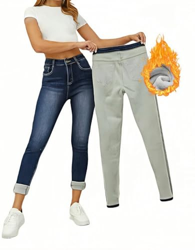LuminBlaze Jean Doublé Polaire Femme Denim Thermique d'hiver Jean Skinny Taille Haute Stretch