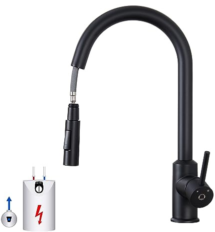 CECIPA Rubinetto da cucina a bassa pressione, nero, rubinetto da cucina, 3 attacchi con arco alto, girevole a 360°, a bassa pressione estraibile, attacco G3/8, rubinetto a bassa pressione, nero