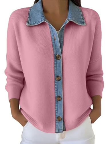 Suéteres tipo cárdigan para mujer, con botones, de punto de mezclilla, retazos, talla grande, cuello de solapa, suéter de punto para invierno y primavera, suéter casual elegante, rosa, XL