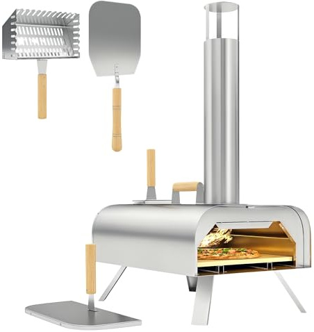 Outsunny Mini Horno de Pizza Exterior Portátil de Acero Inoxidable con Piedra Refractaria y Pala, Horno de Leña con Patas Plegables, Mangos de Madera, Termómetro y Bandeja para Jardín Terraza Camping