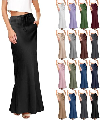 Nuaoxyeu Cotton Linen Skirts for Women UK Summer Loose Fit Maxi Skirt Solid Color Elasticated Waist Wrap Skirts with Pockets A Line Long Casual Skirt for Holiday Going Out Beach