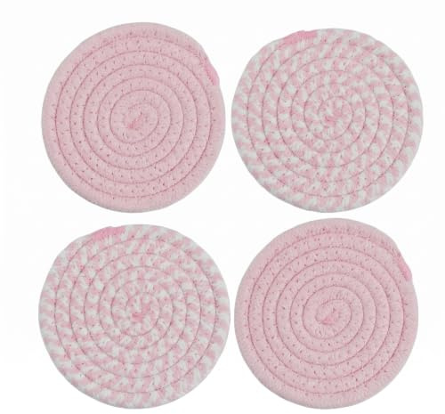 4Pcs Pink Woven Coasters 4.3 Inch Cotton Absorbent Cup Mats Coaster Set Coasters for Coffee Table Boho Home Decor Tabletop Protection for Dining Table, Gifts, Indoor & Outdoor Use