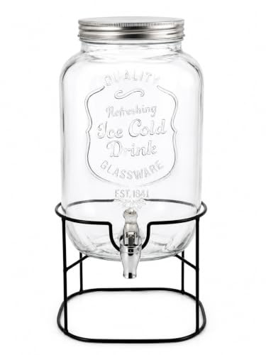 Dispensador de Bebidas de Cristal 8L con Grifo y Soporte Metálico Tarro para Limonada Agua Zumos y Sangría Ideal para Fiestas Barbacoas y Eventos