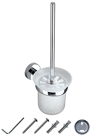 JASSFERRY Wall Mounted Toilet Brush and Holder Bathroom Mount Chrome Loo Brushes & Holders Set, Frosted Glass Tumbler