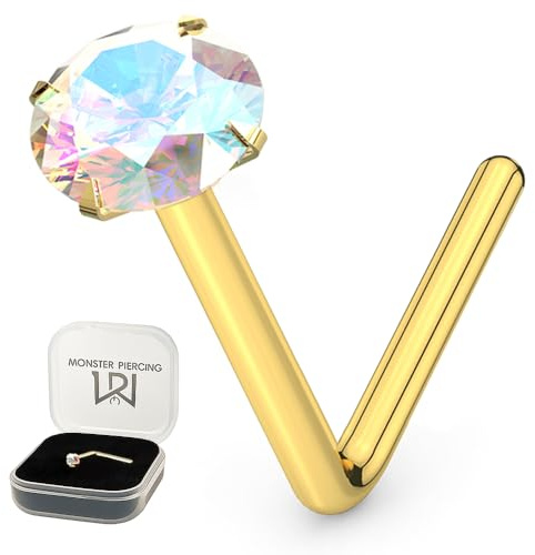 Monster Piercing 9K jaune or griffe mis 2,5 MM arc-en-ciel autour de Pierre en cristal 22 Gauge L Bend nez Stud Piercing