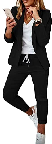 Soulolo Elegant Business Anzug Set Hosenanzug Blazer Zweiteiliger Anzug Langarm Anzugjacke Slim Set Einfarbig gestreiftes Quadrat Damenanzug 2 Stück